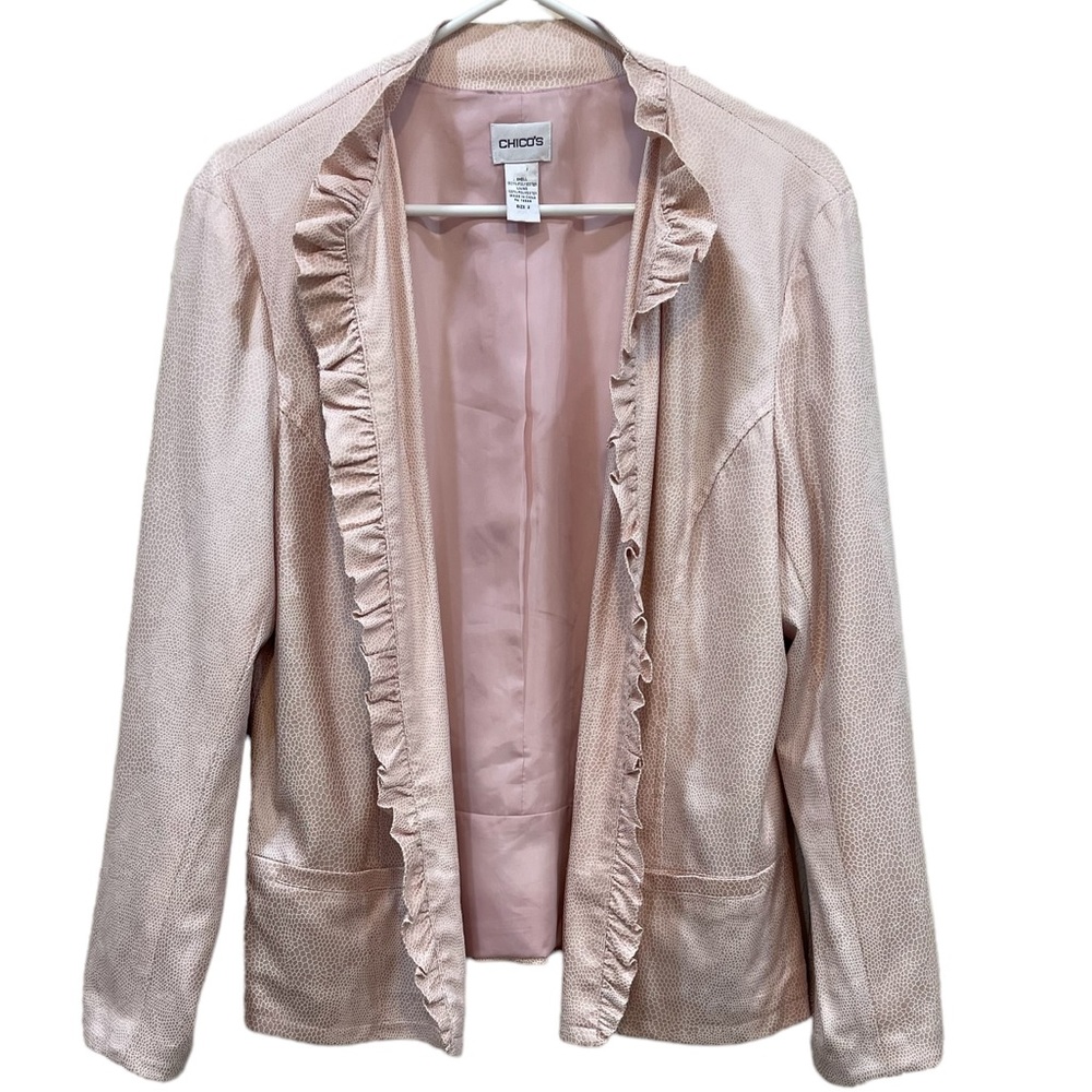 CHICO’S Pink Open Front Ruffled Blazer Lined Faux Pockets Polyester SZ 2